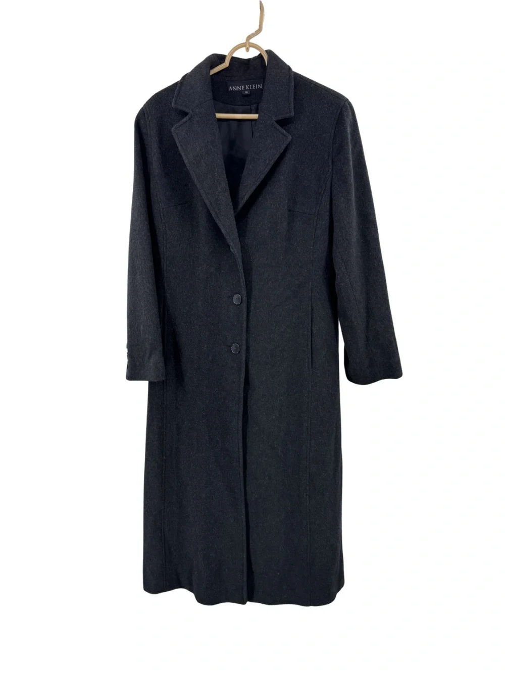Anne Klein black dark Charcoal Gray Tailored Trench car Coat 100% wool winter